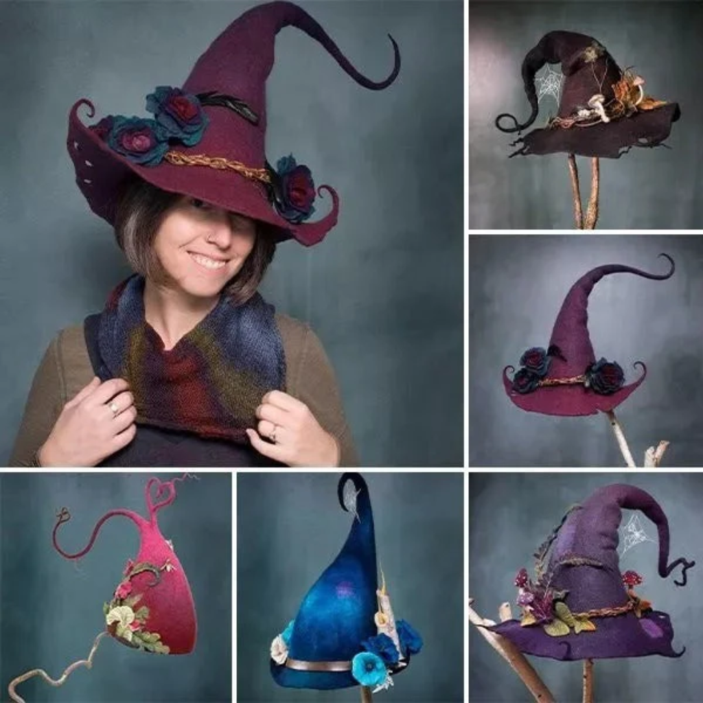 Halloween Witch Hat with Spiderweb Embroidery Floral and Mushroom Decorations