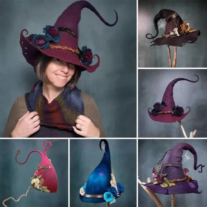 Halloween Witch Hat with Spiderweb Embroidery Floral and Mushroom Decorations