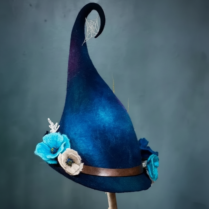 Halloween Witch Hat with Spiderweb Embroidery Floral and Mushroom Decorations