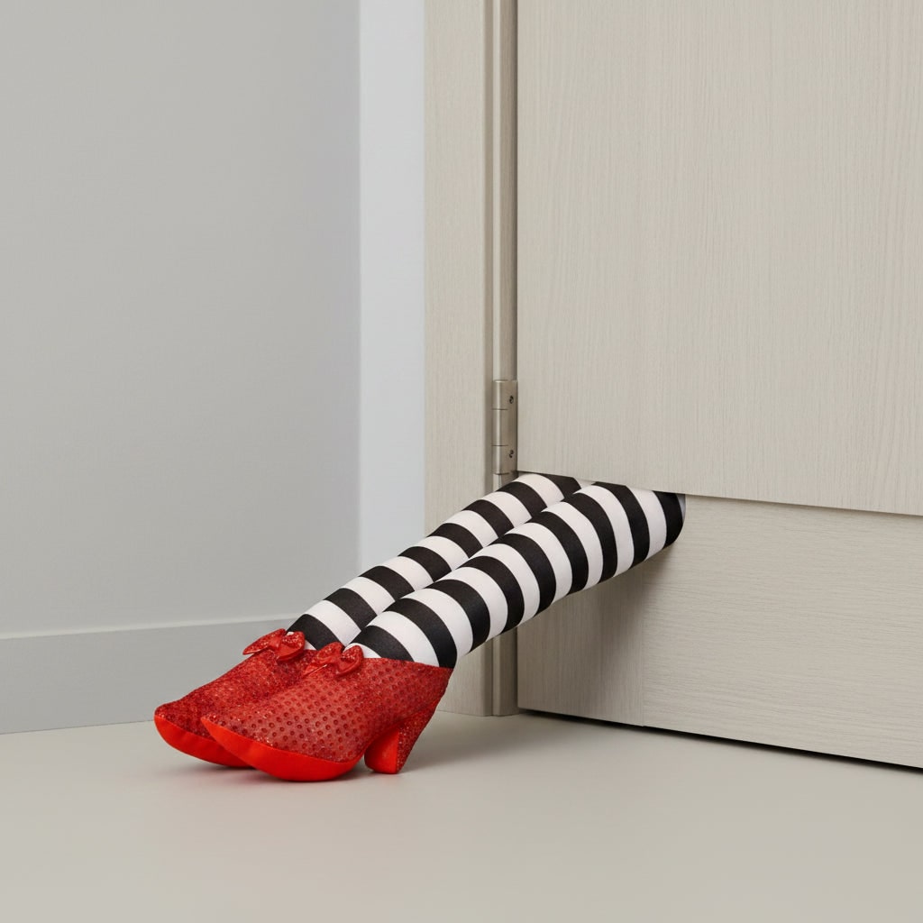 Halloween Witch Legs Door Stopper and Draft Blocker with Red Sequined Shoes and Striped Stockings