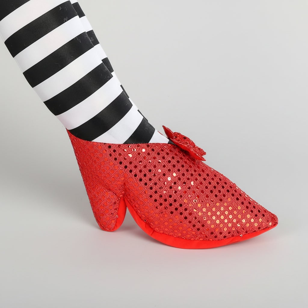 Halloween Witch Legs Door Stopper and Draft Blocker with Red Sequined Shoes and Striped Stockings