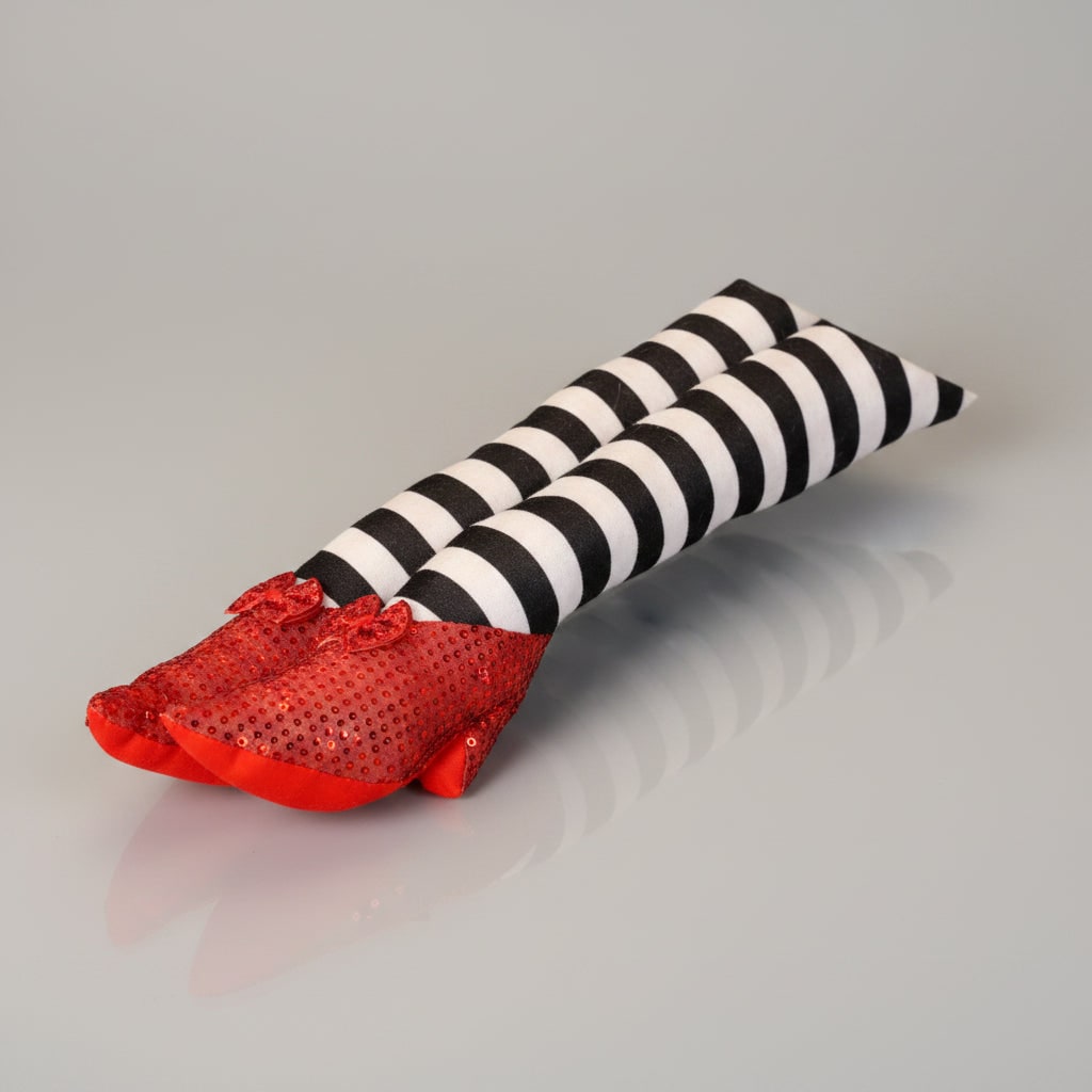 Halloween Witch Legs Door Stopper and Draft Blocker with Red Sequined Shoes and Striped Stockings