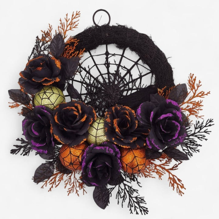 Halloween Wreath Door Decoration with Spiderweb and Black Roses Glitter Baubles
