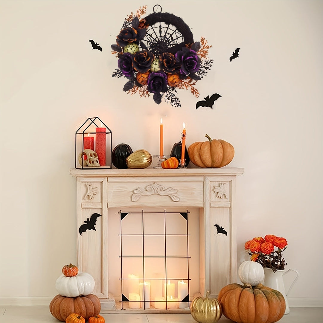Halloween Wreath Door Decoration with Spiderweb and Black Roses Glitter Baubles