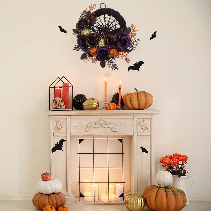 Halloween Wreath Door Decoration with Spiderweb and Black Roses Glitter Baubles