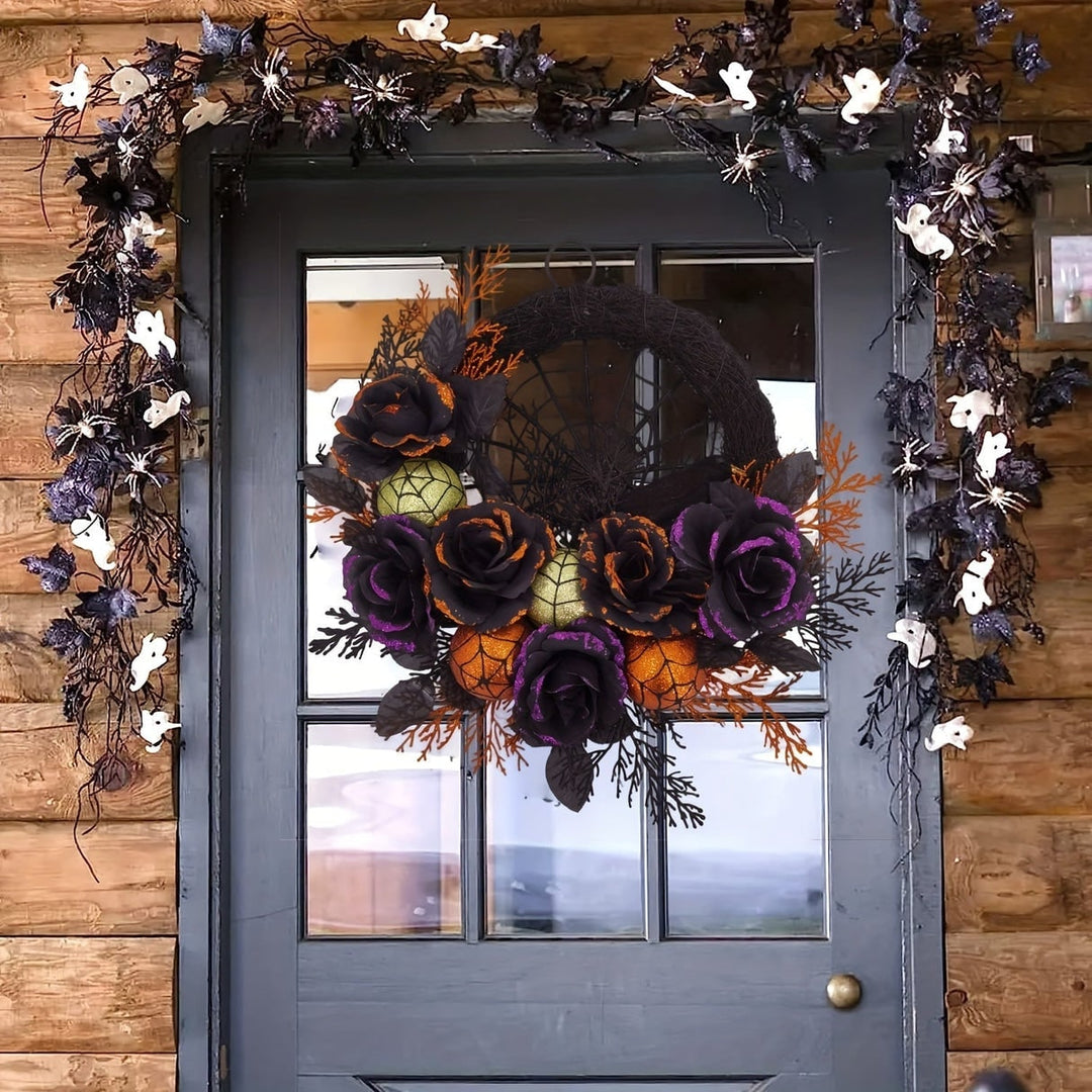 Halloween Wreath Door Decoration with Spiderweb and Black Roses Glitter Baubles