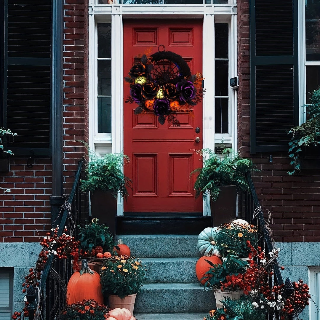 Halloween Wreath Door Decoration with Spiderweb and Black Roses Glitter Baubles