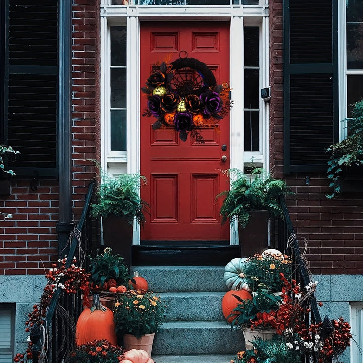 Halloween Wreath Door Decoration with Spiderweb and Black Roses Glitter Baubles