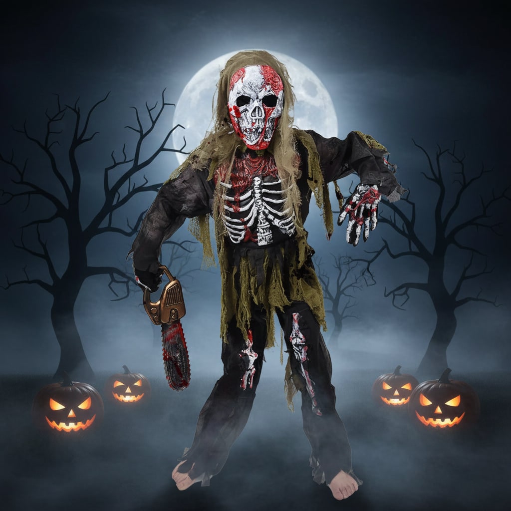 Halloween Zombie Costume with Skull Mask Skeleton Gloves and Tattered Gauze