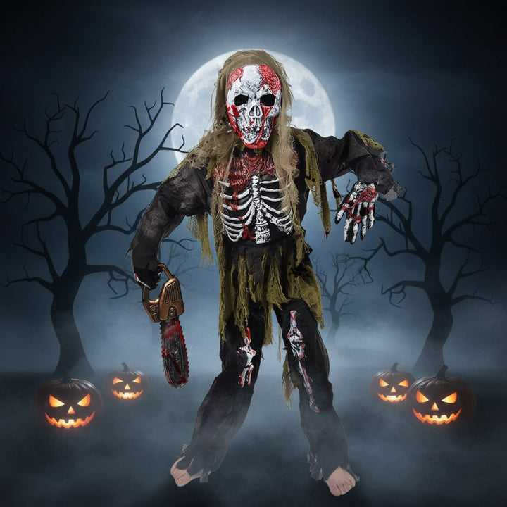 Halloween Zombie Costume with Skull Mask Skeleton Gloves and Tattered Gauze