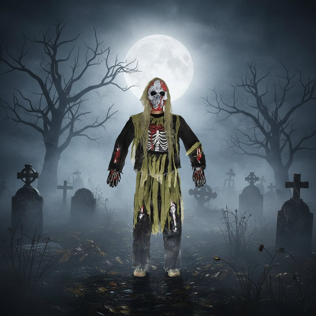 Halloween Zombie Costume with Skull Mask Skeleton Gloves and Tattered Gauze