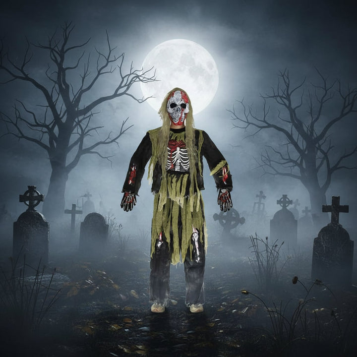 Halloween Zombie Costume with Skull Mask Skeleton Gloves and Tattered Gauze
