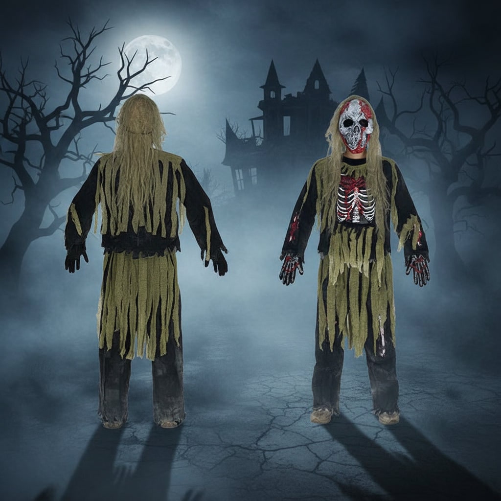 Halloween Zombie Costume with Skull Mask Skeleton Gloves and Tattered Gauze