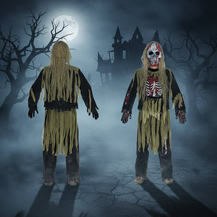Halloween Zombie Costume with Skull Mask Skeleton Gloves and Tattered Gauze