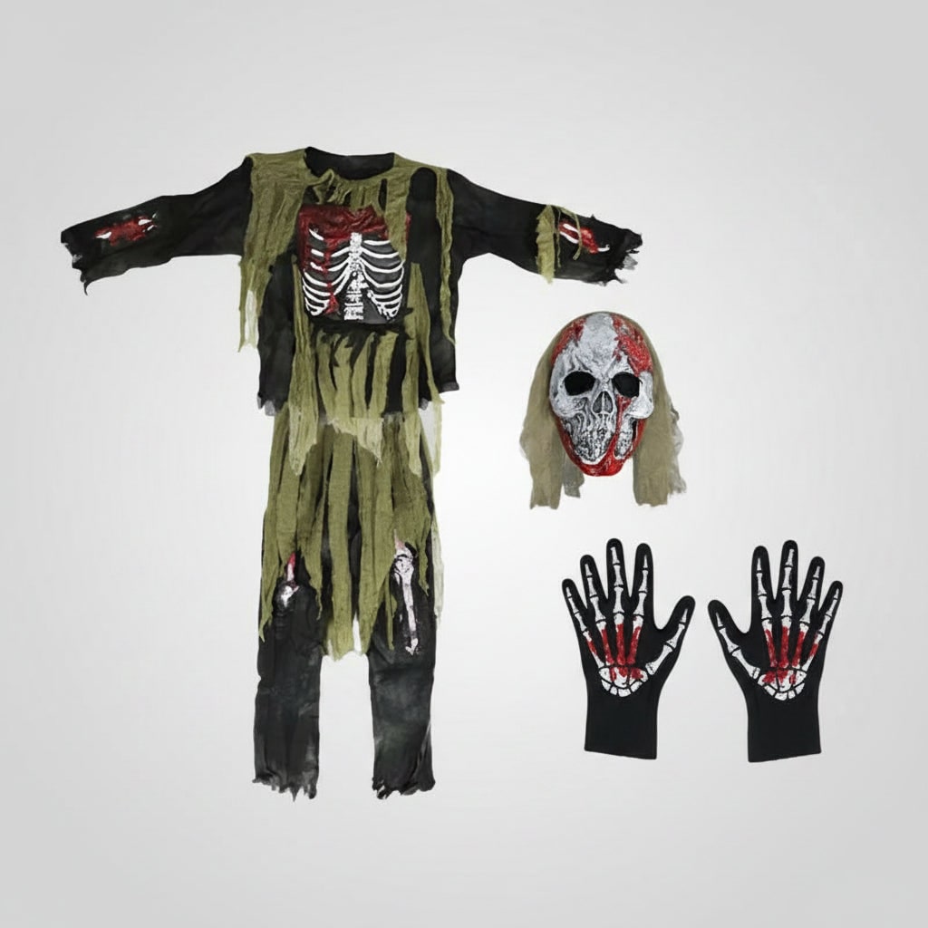 Halloween Zombie Costume with Skull Mask Skeleton Gloves and Tattered Gauze