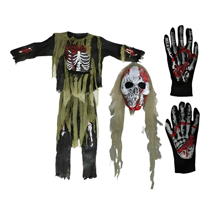 Halloween Zombie Skeleton Costume Outfit with Mask and Gloves