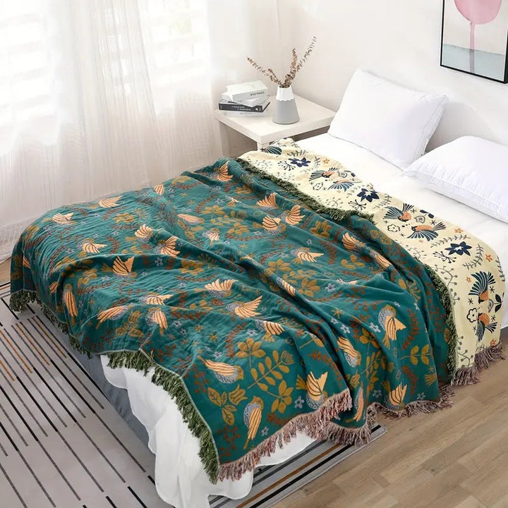 Cotton Throw Blanket Square Nordic Bird Pattern
