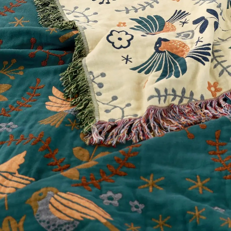 Cotton Throw Blanket Square Nordic Bird Pattern