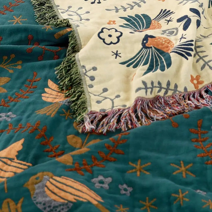 Cotton Throw Blanket Square Nordic Bird Pattern