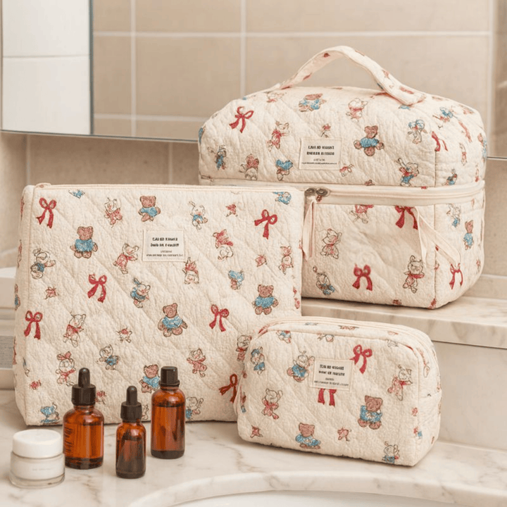 3-Piece Quilted Cartoon Cosmetic Bag Set