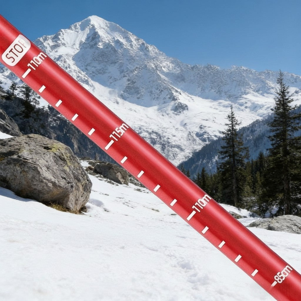 red aluminum telescopic hiking pole with adjustable length markings and a STOP indicator, set against a snowy mountain backdrop.
