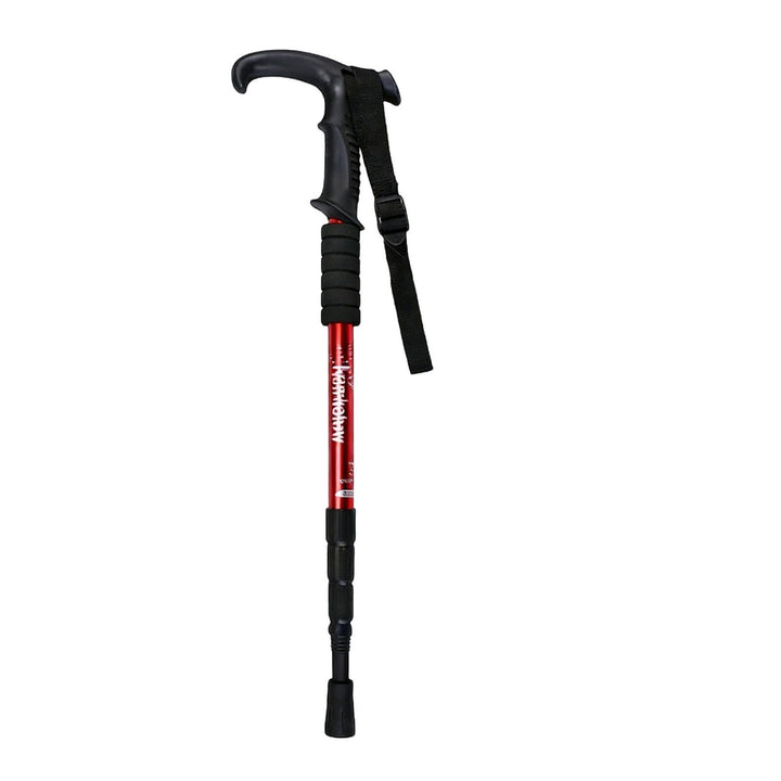 red aluminum telescopic foldable hiking pole with black ergonomic grip and adjustable strap.