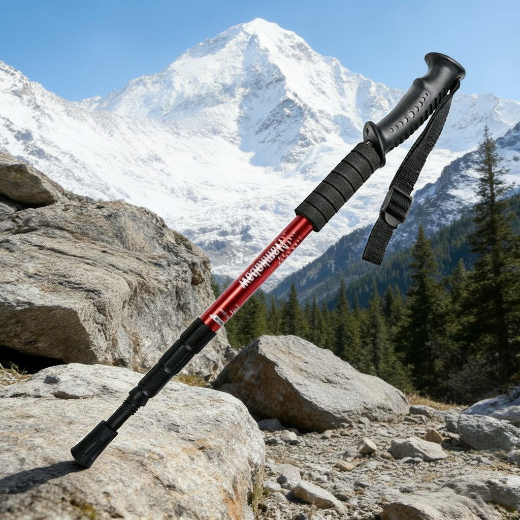 red aluminum telescopic foldable hiking pole with black ergonomic grip and wrist strap, set against a snowy mountain backdrop.