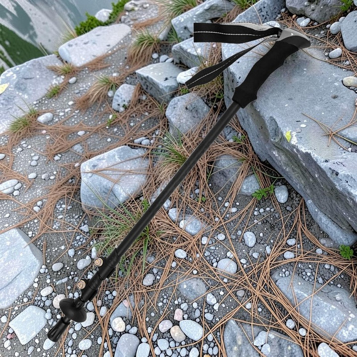 Roovue black carbon fiber adjustable telescopic trekking pole with ergonomic EVA foam handle and wrist strap.