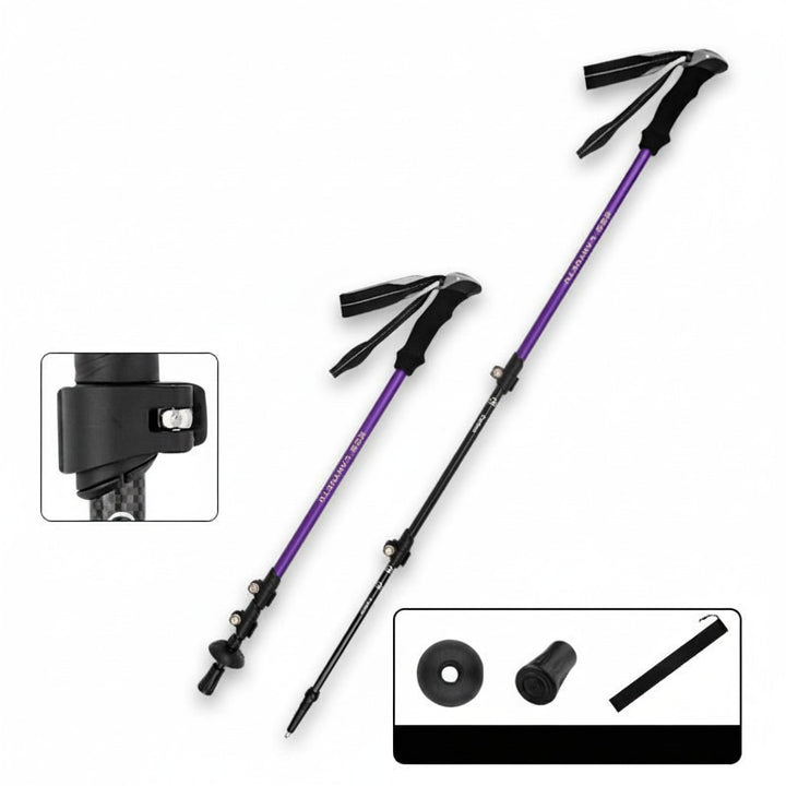 Roovue purple and black carbon fiber adjustable telescopic trekking poles with ergonomic EVA foam handles and metal clasps.