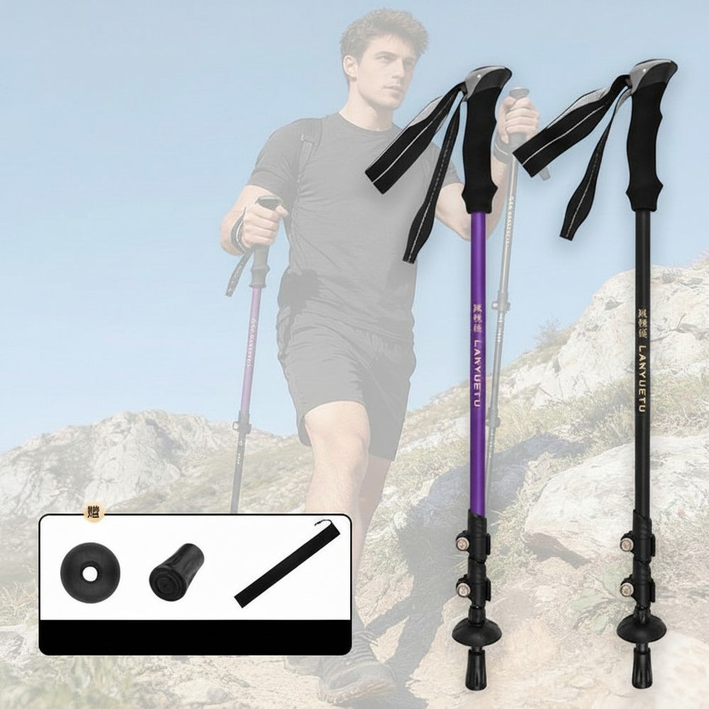Roovue purple and black carbon fiber adjustable telescopic trekking poles with ergonomic EVA foam handles and shock absorption.
