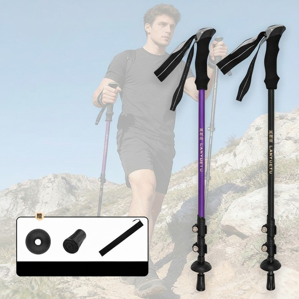 Roovue purple and black carbon fiber adjustable telescopic trekking poles with ergonomic EVA foam handles and shock absorption.