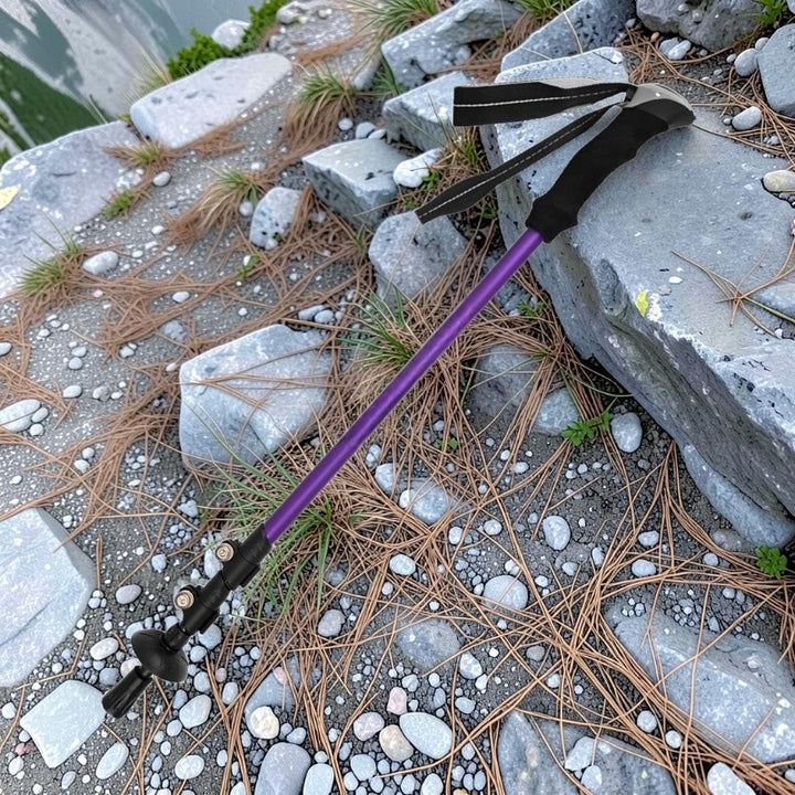 Roovue purple carbon fiber adjustable telescopic trekking pole with black EVA foam grip and wrist strap.