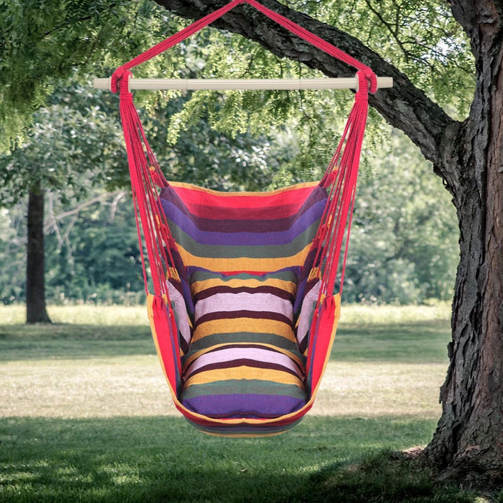 Hanging Rope Rainbow Chair Swing Hammock with Pillows for Porch Patio Yard