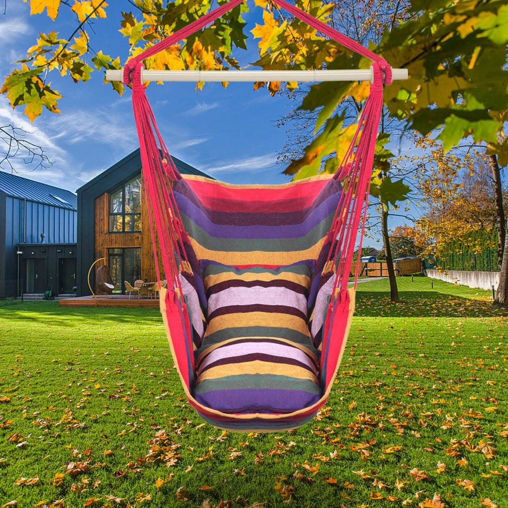 Hanging Rope Rainbow Chair Swing Hammock with Pillows for Porch Patio Yard