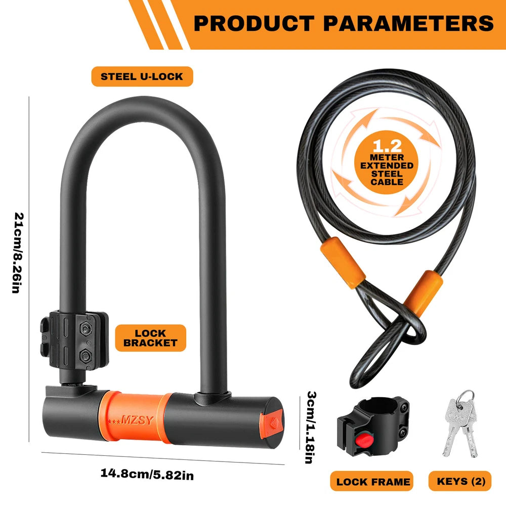 U Lock Bicycle Bike Lock with Steel Security Cable 16mm Heavy Duty