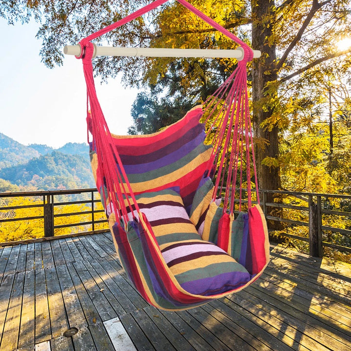 Hanging Rope Rainbow Chair Swing Hammock with Pillows for Porch Patio Yard