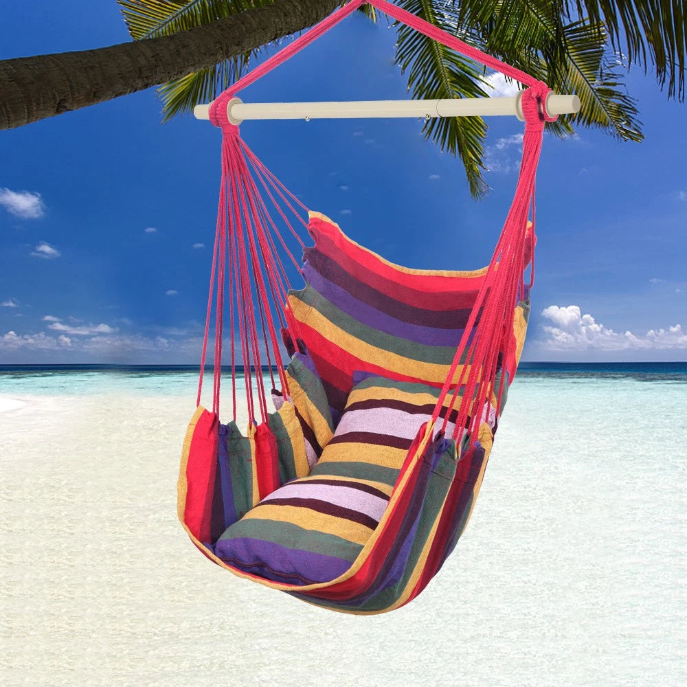 Hanging Rope Rainbow Chair Swing Hammock with Pillows for Porch Patio Yard