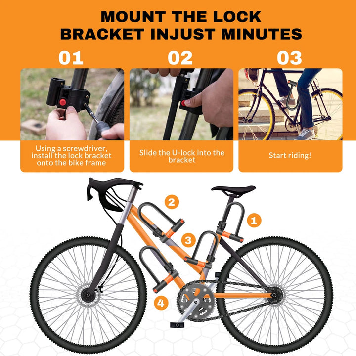 U Lock Bicycle Bike Lock with Steel Security Cable 16mm Heavy Duty