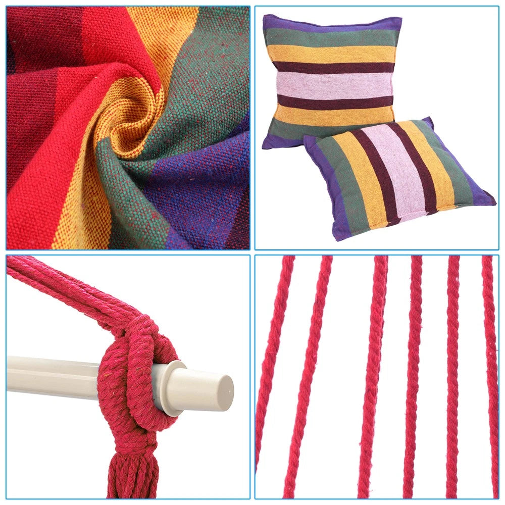Hanging Rope Rainbow Chair Swing Hammock with Pillows for Porch Patio Yard