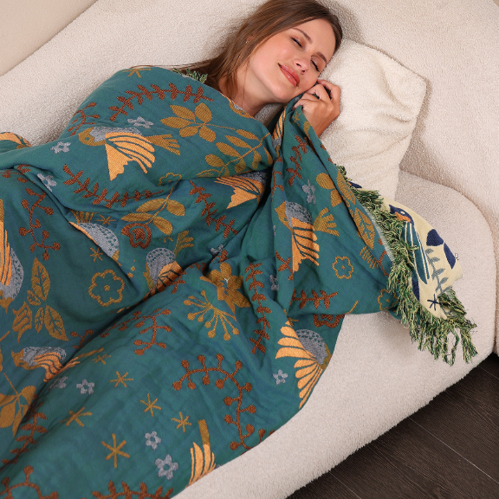 Cotton Throw Blanket Square Nordic Bird Pattern