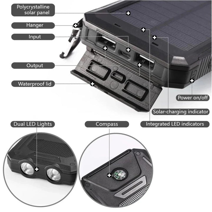 Solar Power Bank Portable Waterproof Charger with Flashlight Torch