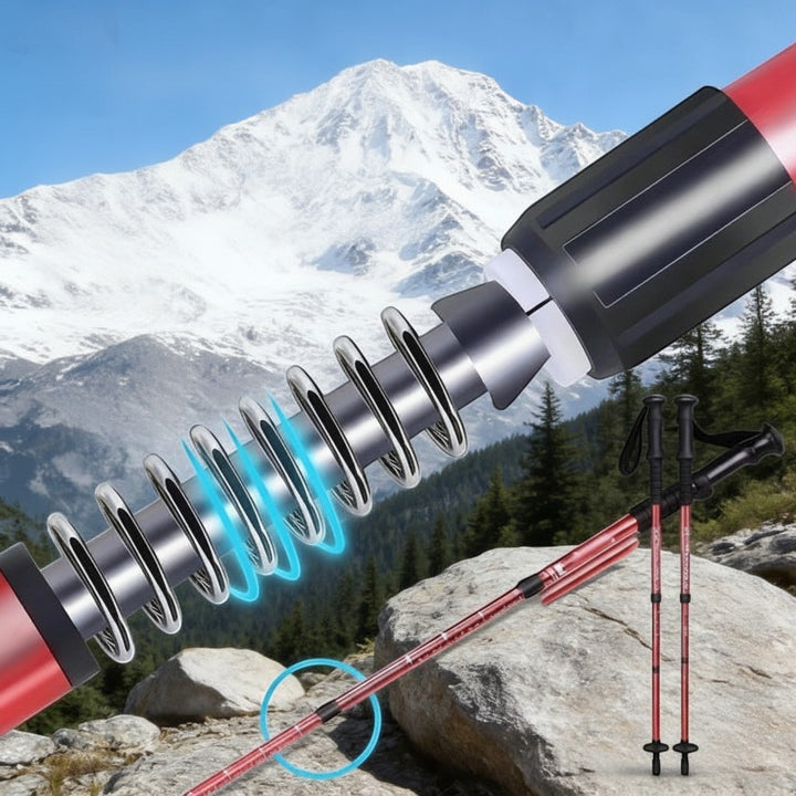 red aluminum telescopic hiking poles with anti-shock system and ergonomic grips, shown with accessories on a rocky mountain background.